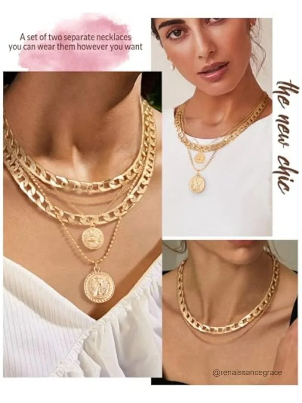 Layered Necklaces for Women Trendy Retro Coin Pendant Dainty Chunky Chain 2PCS